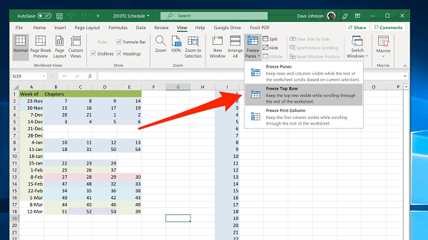 Freezing The Top Row in Microsoft Excel